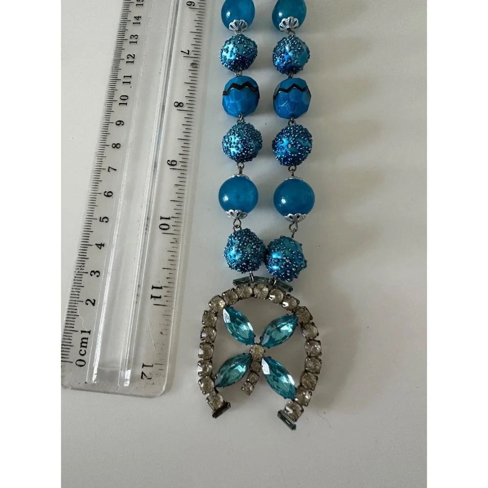 VTG Sugar Caged Beaded‎ Necklace Aqua Blue Horseshoe Pendant Crystals Hong Kong